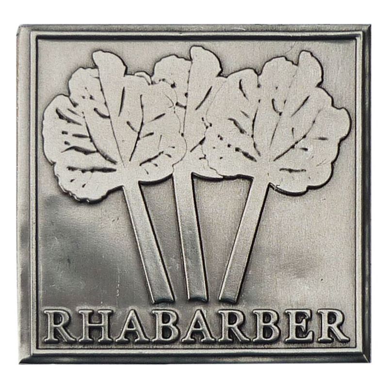 Zinnetikett 'Rhabarber', quadratisch, Metall, silber