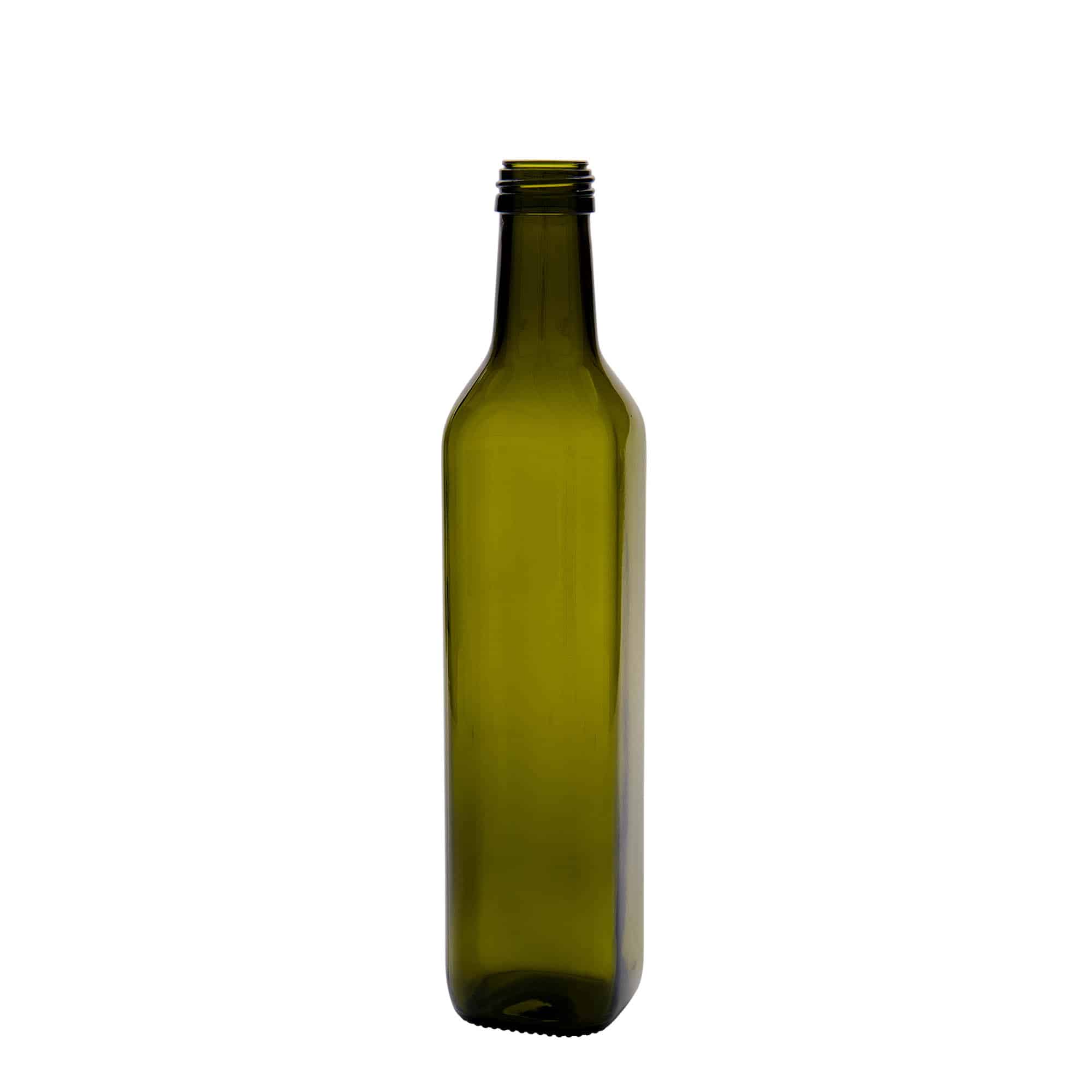 500 ml Glasflasche 'Marasca', quadratisch, antikgrün, Mündung: PP 31,5