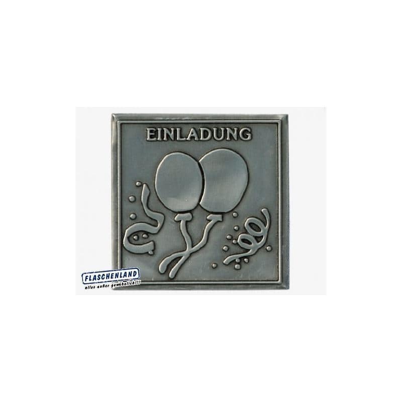 Zinnetikett 'Einladung', quadratisch, Metall, silber