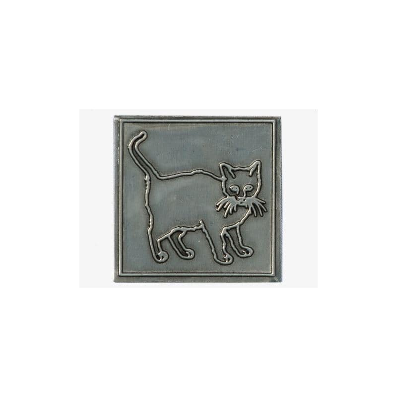 Zinnetikett 'Katze', quadratisch, Metall, silber